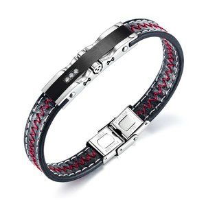 BLACK LEATHER INCUSTRED CUBIC ZIRCONIA BRACELET.